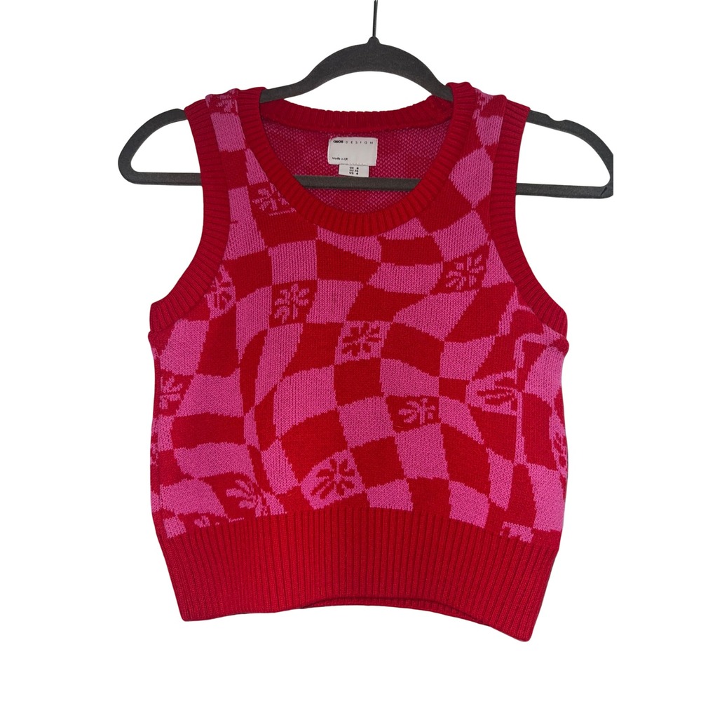 ASOS DESIGN Pink Red Check Floral Sweater‎ Vest Y2K Size US 4 UK 8 EU 36
